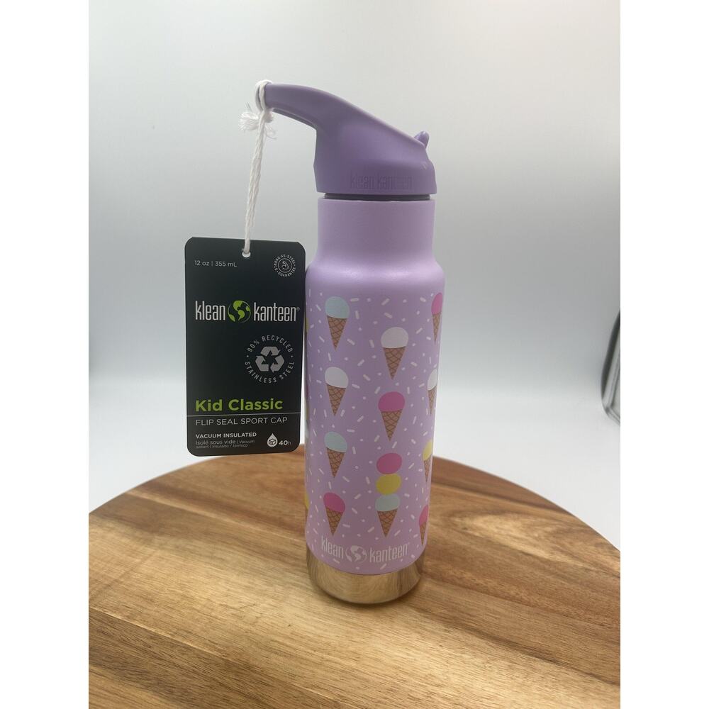 Klean Kanteen Kid Classic Water Bottle 12oz Flip Seal Straw Ice Cream Purple NWT